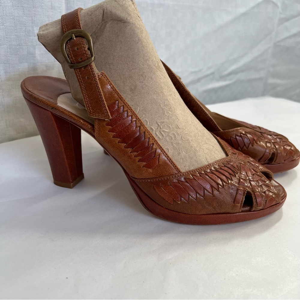 Cole Haan Tan Leather Peep-Toe Heeled Woven Sandals